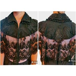 Antique Black Beaded‎ Lace Victorian Edwardian Mourning Cape Capelet Mantel Goth